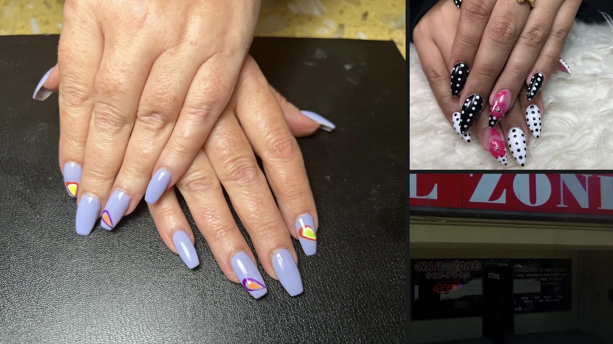 Manicure station with polish bottles and tools.