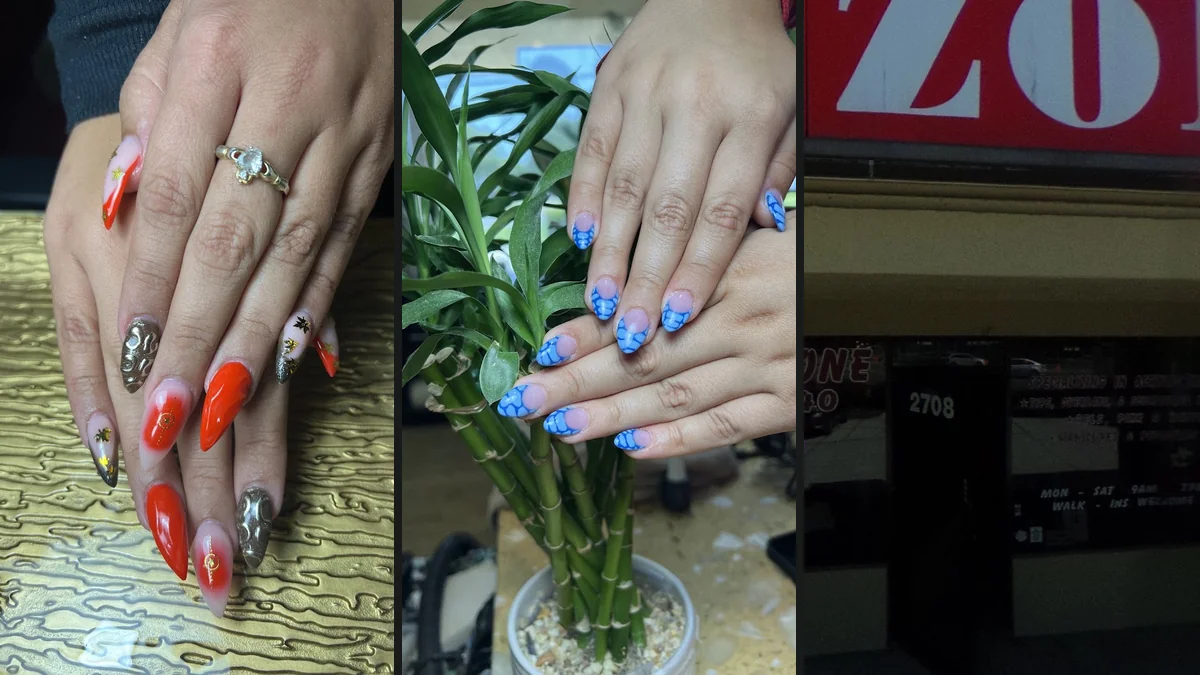 Manicure station with polish bottles and tools.